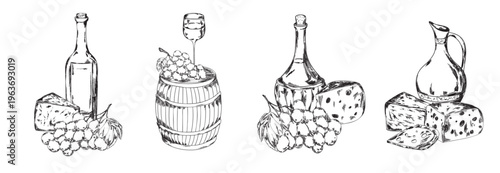 Set of vintage line art illustrations featuring wine bottles, barrels, grapes, and cheese. Perfect for wine labels, restaurant menus, winery branding, and gourmet food packaging design