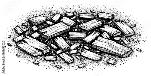 Scattered broken wooden planks and debris on stippled ground in hand drawn style