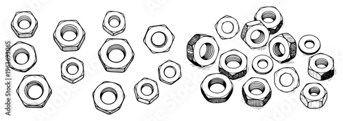 Collection of various metal hex nuts scattered on a white background in sketch style