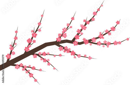 Blooming cherry blossom branch with pink flowers and brown stems against transparent background symbol of spring season renewal and nature beauty art.