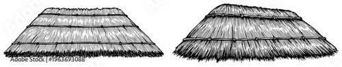 Vintage hand drawn thatched roofs with detailed straw texture in engraving style