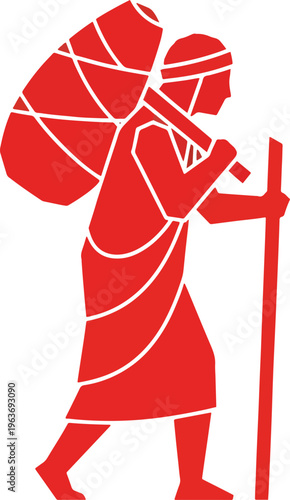 Red silhouette of ancient traveler carrying heavy load on back, walking stick, traditional clothing, journey symbol.
