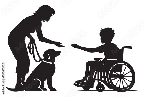Service dog silhouette with disabled boy in wheelchair, woman trainer introducing therapy animal to child, medical assistance dog vector illustration
