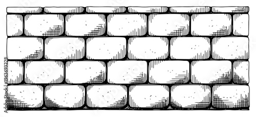 Vintage vector sketch of a solid stone block wall with detailed cross hatching texture