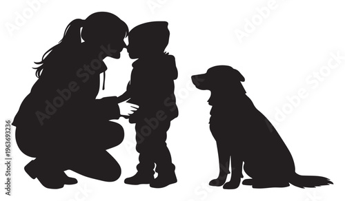 Family silhouette of mother and child with pet dog, loving parent and toddler with golden retriever, black vector graphics on white background