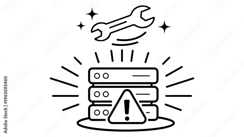 Fototapeta premium Minimalist black line vector icon of a server rack with a warning exclamation mark and a wrench, representing predictive maintenance, IT system repair, data center troubleshooting, and support.