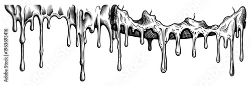 Detailed hand drawn illustration of melting thick liquid drips and viscous goo border