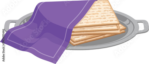 Traditional matzah bread stack on silver tray covered with purple napkin for passover seder ceremony vector illustration isolated on transparent base.