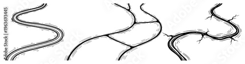 Set of hand drawn winding paths roads and rivers in vintage engraving style