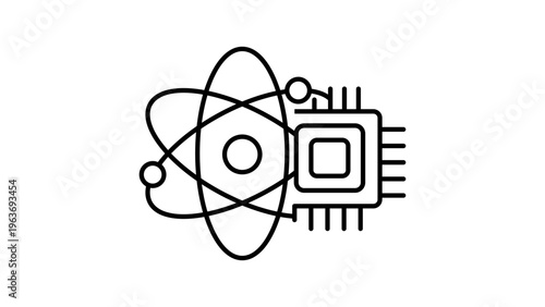 Quantum Computing Vector Icon: A minimalist black line illustration on a white background featuring an atom symbol integrated with a computer chip, representing advanced technology, physics, and AI.