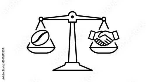 Fair trade coffee sourcing icon, minimalist black line vector illustration of a balance scale with a coffee bean and handshake, representing ethical business, sustainability, and global equity.