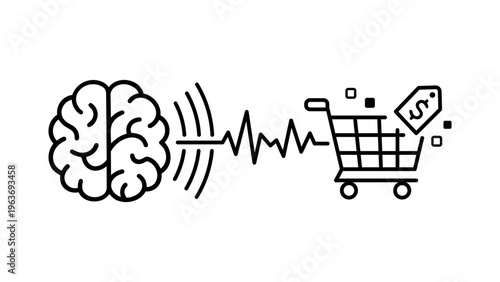 Neuromarketing concept vector icon illustration featuring a minimalist black line drawing of a human brain connected to a shopping cart with a price tag on a white background for marketing research.