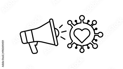 Minimalist black line vector icon illustration of a megaphone and virus with a heart, symbolizing viral marketing, social media engagement, brand awareness and digital communication strategies.