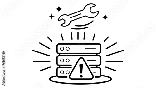 Minimalist black line vector icon of a server rack with a warning exclamation mark and a wrench, representing predictive maintenance, IT system repair, data center troubleshooting, and support.