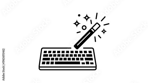 Prompt Engineering Vector Icon Illustration: A Minimalist Black Line Art Design Featuring a Computer Keyboard and a Magic Wand with Sparkles, Representing Generative AI and Creative Technology.