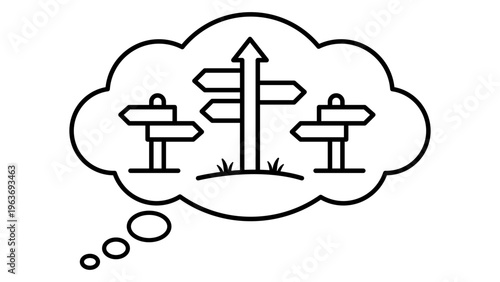 Minimalist black line vector icon of a thought bubble containing multiple directional signposts, representing scenario planning, strategic decision making, future paths, and brainstorming options.