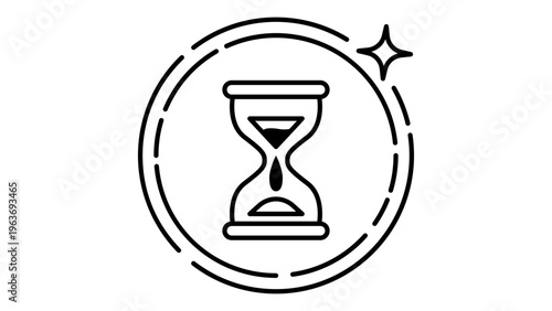 A minimalist black line vector icon illustration of an hourglass inside a circular frame with a star, symbolizing ephemeral content, time, and duration, isolated on a white background.