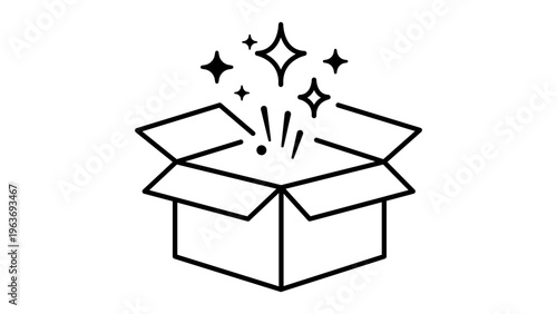 Minimalist black line vector icon of an open cardboard box with magic sparkles and stars coming out, representing a surprise unboxing experience, gift delivery, and new product discovery on white