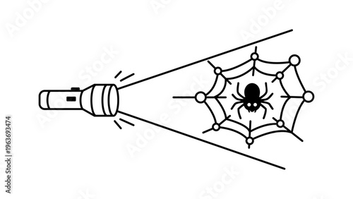 Dark Web Monitoring minimalist black line vector icon on white background; illustration of a flashlight beam illuminating a spider in a web, representing cybersecurity and threat detection.
