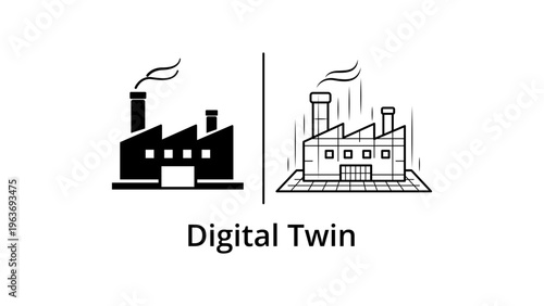 Digital Twin vector icon illustration of a physical factory and its virtual wireframe model, representing industry 4.0, smart manufacturing, simulation, and IoT technology on white background.