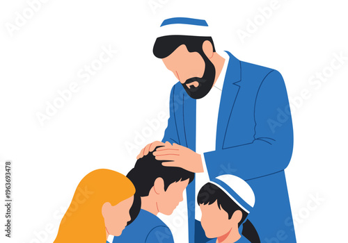 Father blesses children with kippahs, Jewish family bonding, fatherhood, paternal love, religious upbringing, bar mitzvah preparation, traditional values.
