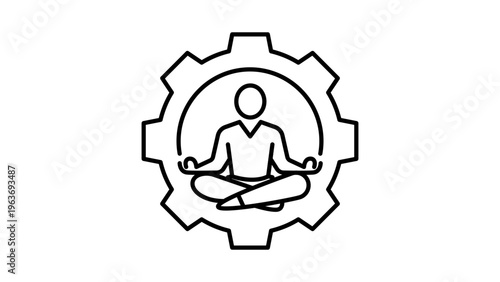 Corporate wellness minimalist black line vector icon on a white background representing mindfulness in the workplace with a person meditating inside a gear for productivity and mental health.