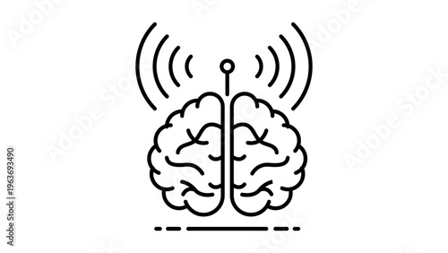 Thought Leadership Concept: A minimalist black line vector icon of a human brain with an antenna emitting signal waves, representing innovation, intelligence, and communication on white.