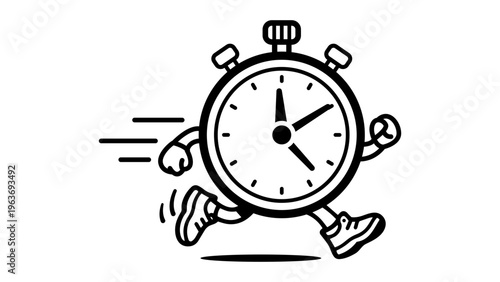 Minimalist black line vector icon of a running stopwatch character with arms and legs, representing an agile sprint, time management, speed, and efficiency on a clean white background.