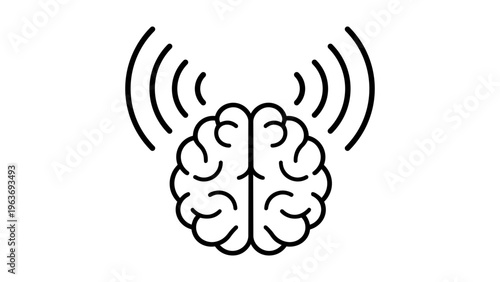 Thought leadership minimalist black line vector icon on white background; illustration of a human brain with signal waves representing intelligence, mental health, brainwaves, and innovation.