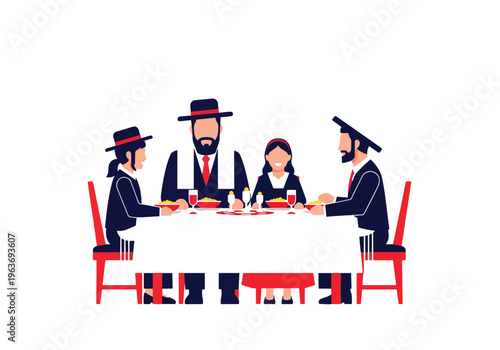 Jewish family celebrating passover at home, sitting around table for traditional holiday meal, eating matzah, drinking wine.