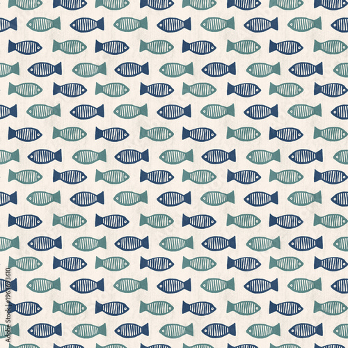 Modern Coastal Fish Pattern, hand drawn minimal nautical block print in blue, green and off white