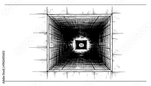 Deep architectural perspective of a square tunnel or shaft with detailed grid hatching shading