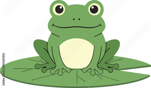 Cute cartoon frog sitting on a green lily pad with a transparent checkered background, ready for easy integration into various designs.