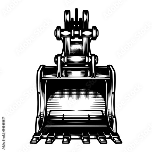 Hand drawn vector illustration of a heavy duty excavator bucket in industrial engraving style