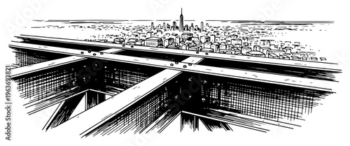 Vintage vector sketch of a high rise construction site overlooking a metropolitan city skyline