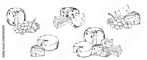 Set of vintage line art illustrations featuring cheese and grapes. Ideal for gourmet branding, restaurant menus, deli shops, packaging design, and artisanal food labels with a classic style