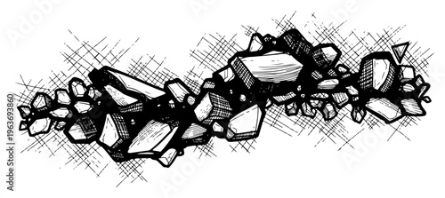 Cluster of floating broken rocks and shattered debris in hand drawn ink style