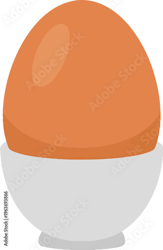 Boiled brown egg served in white ceramic eggcup for healthy breakfast meal or morning protein snack illustration on transparent grid background art.
