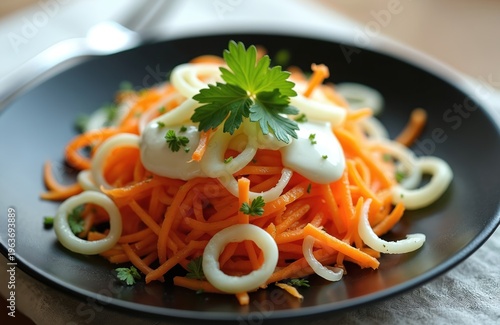 Shredded carrot salad with calamari rings and creamy sauce. Garnished with parsley leaf. Served on black plate. Healthy food preparation. Delicious raw meal.