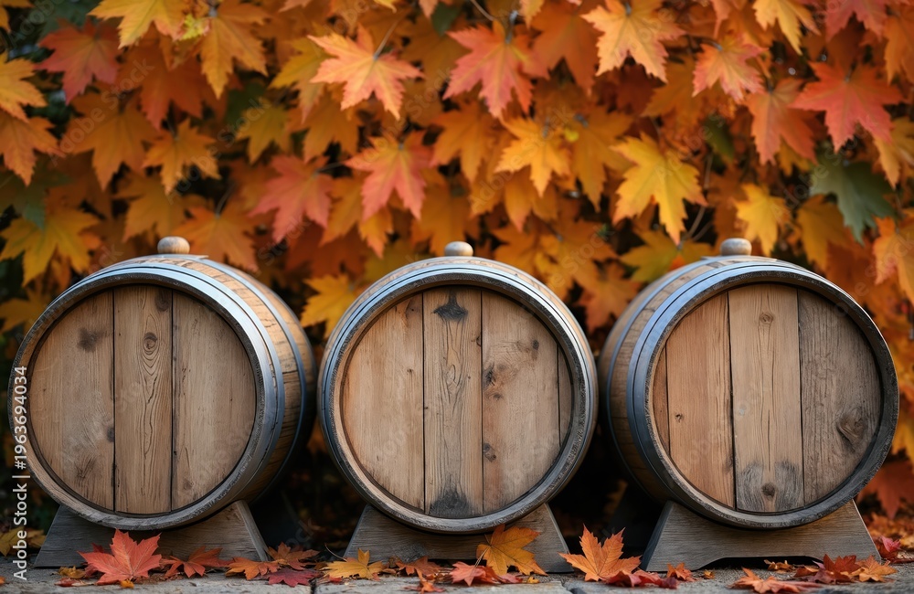 Fototapeta premium Three oak wine barrels sit in front of a vibrant autumn leaf display. Fallen leaves scatter the ground. Season bounty signals harvest and wine production season is here.