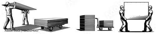 Hand drawn vector illustration of laborers carrying and moving construction materials on a work site