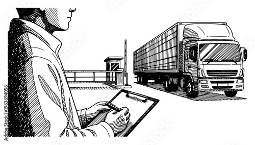 Logistics worker with clipboard checking delivery truck at checkpoint in vintage engraving style
