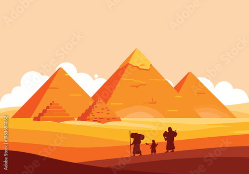 Three majestic egyptian pyramids stand tall in a desert during sunset with silhouetted figures walking in foreground.