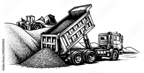 Detailed vector illustration of a dump truck unloading sand at a construction site in engraving style