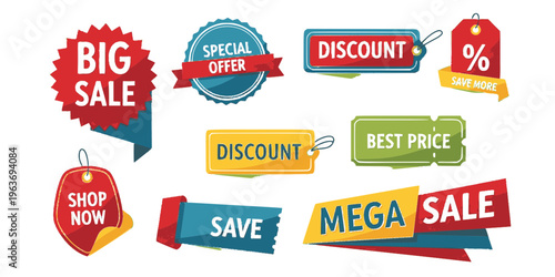 Sale tags collection. Special offer, big sale, discount, best price, mega sale banner set. Shop or online shopping.