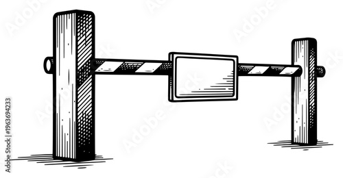 Hand drawn vintage illustration of a road barrier gate with a blank wooden sign