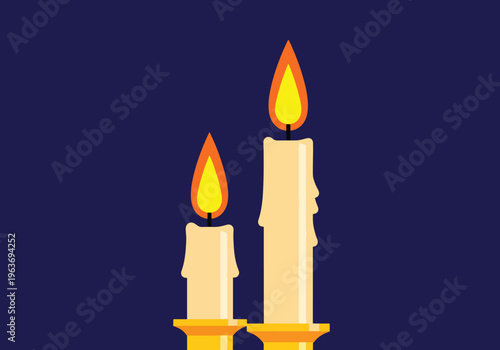 Pair of classic yellow candles with flickering flames creating a tranquil ambiance on a deep blue background.