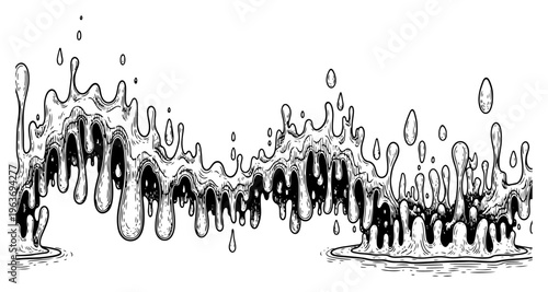 Hand drawn illustration of dripping liquid or melting substance in a detailed comic ink style