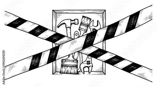 Hand tools including hammer and wrench behind crossed caution tape in vintage sketch style