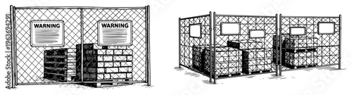 Industrial storage area with brick pallets and warning signs behind a chain link fence